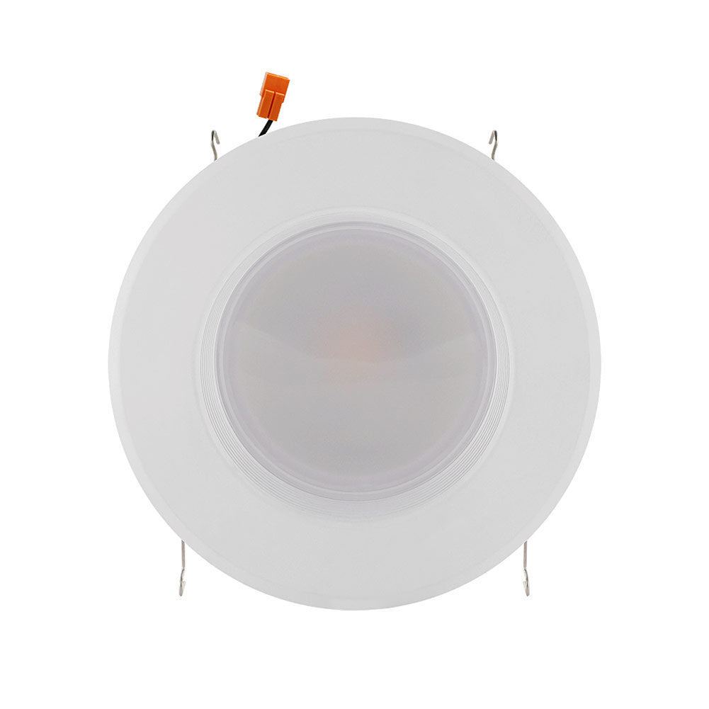 A 6" LED recessed lighting retrofit conversion kit with a white round light fixture and wire. Provides 840 lumens of light output, equivalent to a 75-watt incandescent bulb. Long-lasting, shatter resistant, and dimmable. Brand: Euri Lighting.
