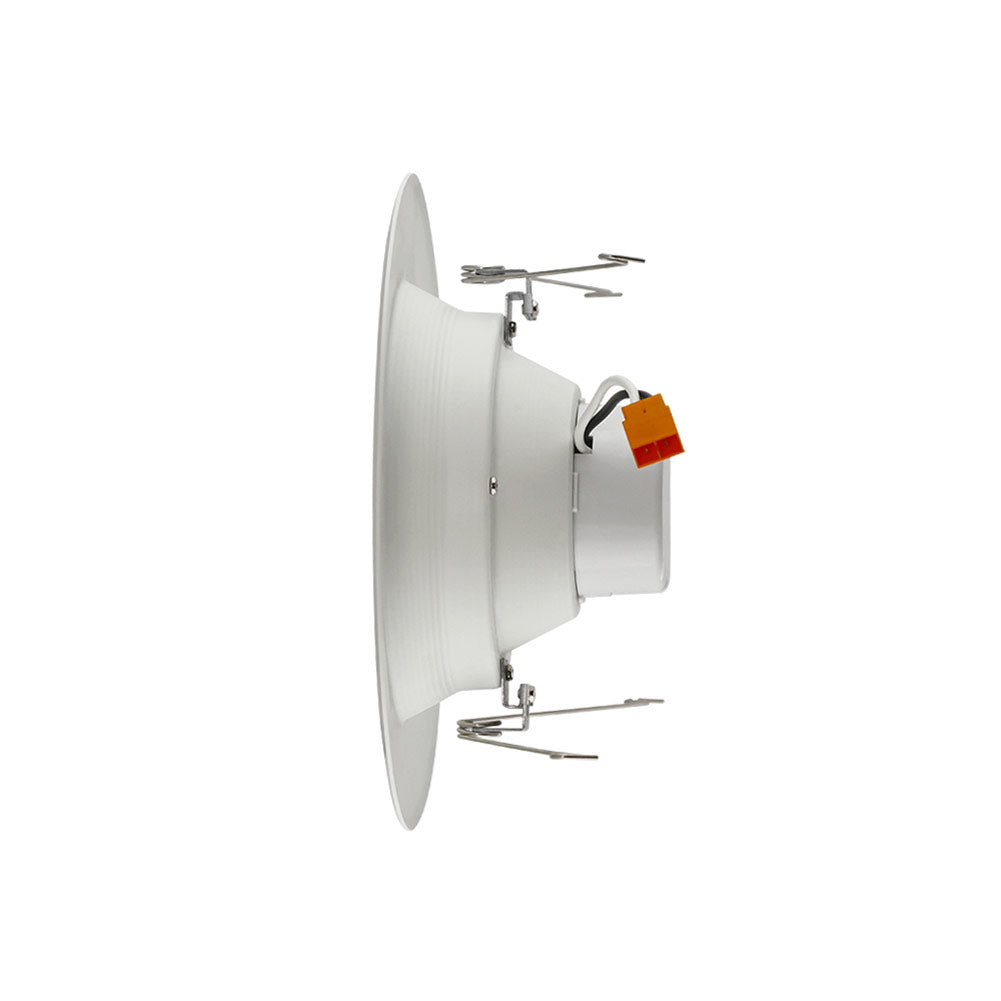 A white LED recessed lighting fixture with a yellow lock, providing 840 lumens of light output. 6" LED Recessed Lighting Retrofit Conversion Kit.