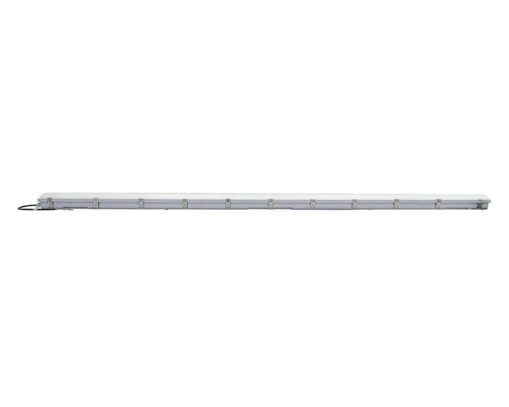 8ft LED vapor tight light side view showing the sealed housing with stainless steel latches and the end-mounted electrical power cord/lead for connection; 120–277V input with 0–10V dimming, 50/60/70/80/100W selectable delivering 6,250–12,500 lumens with 3500K/4000K/5000K/5700K/6500K CCT options.
