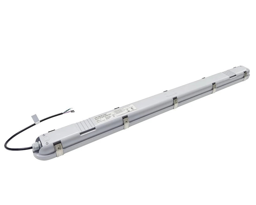Full-length rear view of the 8ft LED vapor tight fixture showing the stainless steel latch hardware and a black end power cable with white, black, green, and purple field-wiring leads; 50/60/70/80/100W, 6,250–12,500 lm, 3500K/4000K/5000K/5700K/6500K, 0–10V dimming, 120–277V.