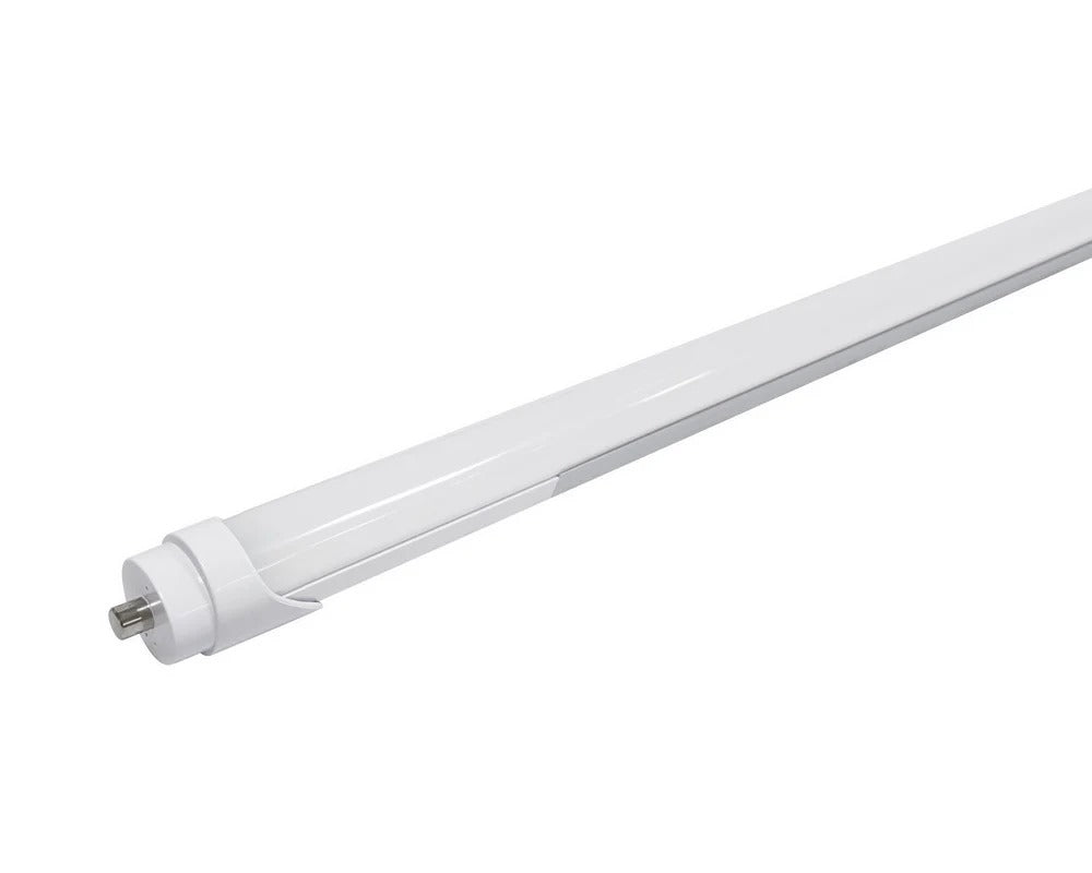 8ft T8 LED tube (FA8 single-pin) back view showing wattage-select and CCT-select slide switches on the lamp body; Type A+B compatibility for ballast or bypass installs, 120–277V input, 24/30/36/42/48W settings with 3,600–6,050 lumens and selectable 3500K/4000K/5000K/5700K/6500K.