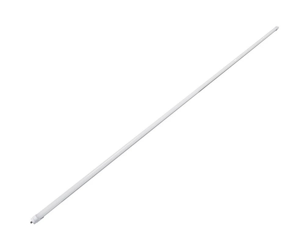 8ft T8 LED tube (FA8 single-pin) front lens/emitting view showing the tubular diffuser and light output surface; Type A+B lamp for 120–277V systems, 24–48W selectable with 3,600–6,050 lumens and selectable 3500K–6500K CCT options.