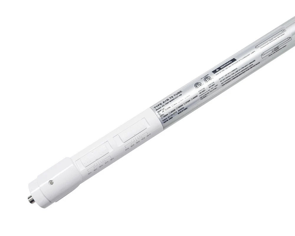 8-foot T8 LED tube lamp with FA8 base for linear fixtures, Type A+B operation for ballast-compatible or ballast-bypass installs; 120–277V, 24/30/36/42/48W output range (3,600–6,050 lumens) with selectable 3500K/4000K/5000K/5700K/6500K color options.