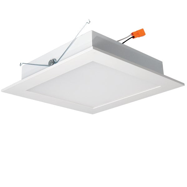 A white square LED recessed lighting fixture with an orange wire, providing 1530 lumens of CCT switchable white light. Ideal for bedrooms, kitchens, and closets. 8 Inch LED Recessed Lighting Retrofit.