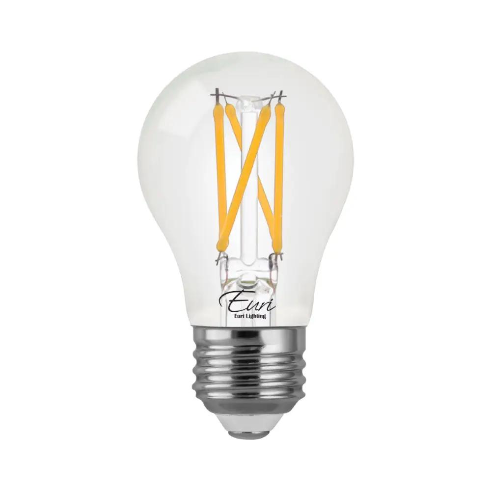 A15 LED Filament Bulb with yellow wires and a close-up of the unique LED filaments, providing 450 lumens of warm white light. Ideal for charming and hospitable environments.