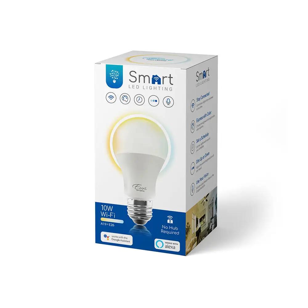 Retail packaging photo for an A19 Wi-Fi smart LED bulb, showing the product box with key specs for dimmable operation, adjustable white color range (2000K–5000K), 800-lumen output at 10W, 80 CRI, medium E26 base, and 120V input.