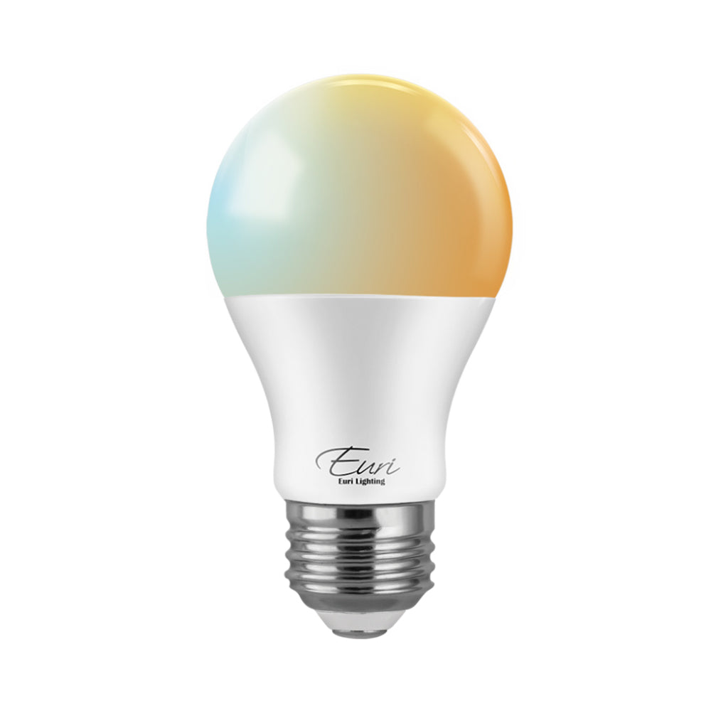 A19 LED Smart Bulb with colorful light, controlled via Wi-Fi. No hub required. Set schedules, use voice commands, and adjust color temperature (2000K-5000K). Dimmable and UL Listed. Dimensions: 2.4"D x 4.3"H. Rated Hours: 15,000. Warranty: 2 Years.