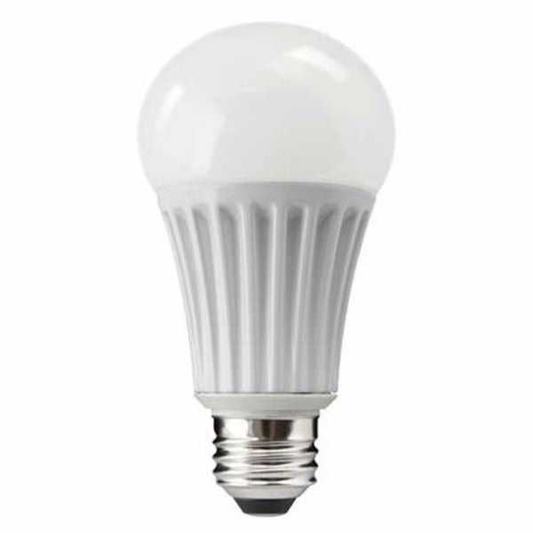 A21 3 Way LED Bulb with white base, perfect for table and floor lamps. Wattage/Lumens: 4W (480 lm), 8W (800 lm), 16W (1600 lm). Dimmable, 2700K-5000K. 5-year warranty.