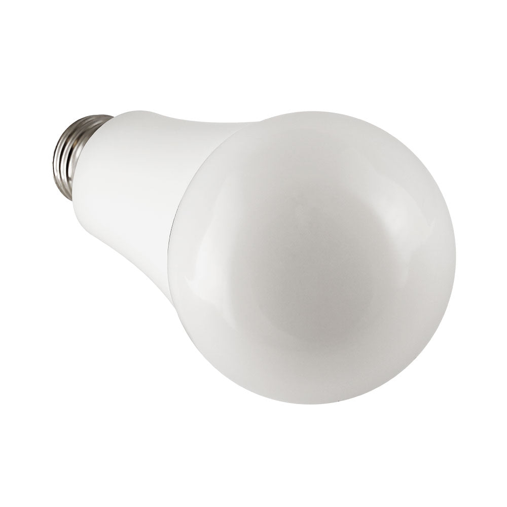 Front angled view of an A21 LED bulb with a medium E26 screw base, showing the diffuser and lamp profile; 120V dimmable operation, 17W power draw producing 1,600 lumens, 90+ CRI for accurate color rendering, Energy Star rated and JA8 compliant.