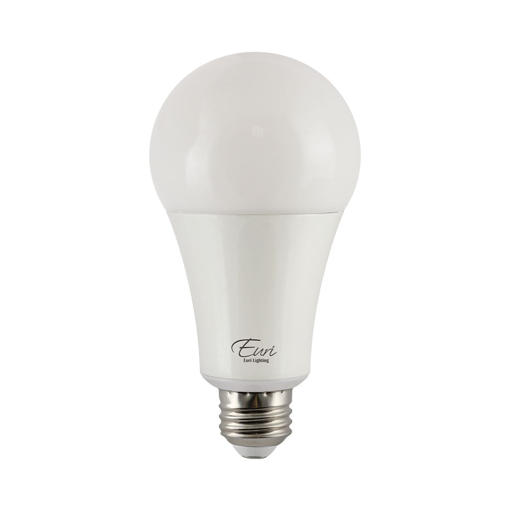 A21 LED Bulb with white base, providing 1600 lumens of omni-directional light output. Ideal for ambient lighting and general purpose applications. Brand: Euri Lighting. Wattage: 17W. Input Voltage: 120V. Lumens: 1600. Lamp Type: LED. CRI: 90+. Dimmable. Base: Medium E26. Certifications: UL Listed, CEC Compliant, JA8 Compliant, Energy Star Rated. Dimensions: 2.81&quot;D x 5.47&quot;H. Rated Hours: 25,000. Warranty: 3 Years.