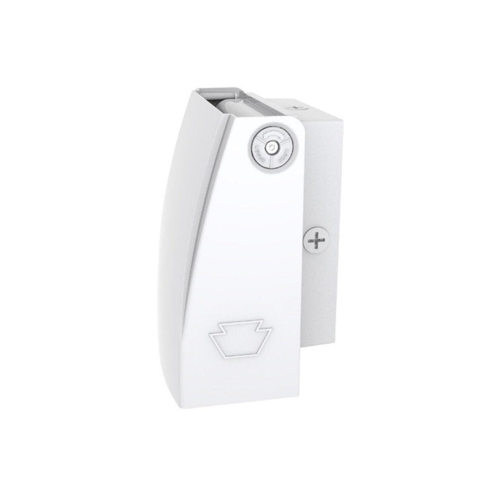 Angled side view in white finish of an adjustable LED wall pack showing the articulating head for directional coverage and the wall-mount housing; 120–277V input with 0–10V dimming and built-in dusk-to-dawn photocell, IP65-rated construction, selectable 3000K/4000K/5000K (3K/4K/5K) with 80+ CRI, and wattage options 15/25/35W delivering 2,325–5,075 lumens.