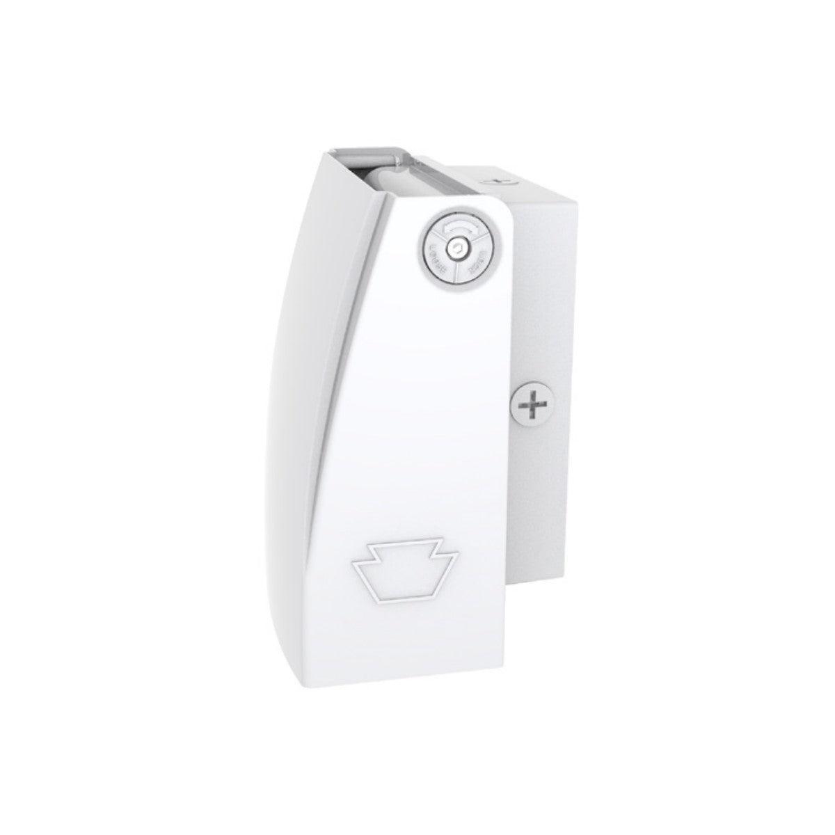 Angled side view in white finish of an adjustable LED wall pack showing the pivoting head and mounting base for aiming light where needed; 120–277V input with 0–10V dimming and built-in dusk-to-dawn photocell, IP65-rated housing, selectable 3000K/4000K/5000K (3K/4K/5K) with 80+ CRI, and wattage options 45/60/75W delivering 6,975–10,875 lumens.
