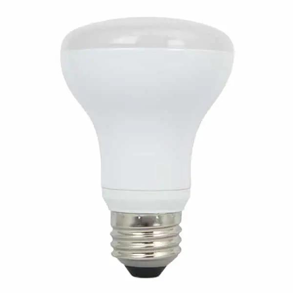 BR20 LED Bulb with white base, providing 525 lumens. Easily replace 50W incandescent bulbs. Perfect for household fixtures. TCP brand, 7.5W, 120V, dimmable, medium E26 base. 2700K-5000K color temperature options. Energy Star rated, 5-year warranty.