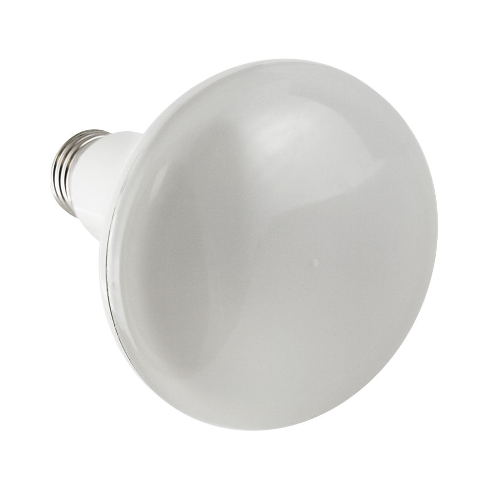 Angled top view of the BR30 LED bulb showing the reflector shape and front lens; 11W, 850 lumens, 80 CRI, dimmable, E26 medium base, Energy Star rated, 120V.
