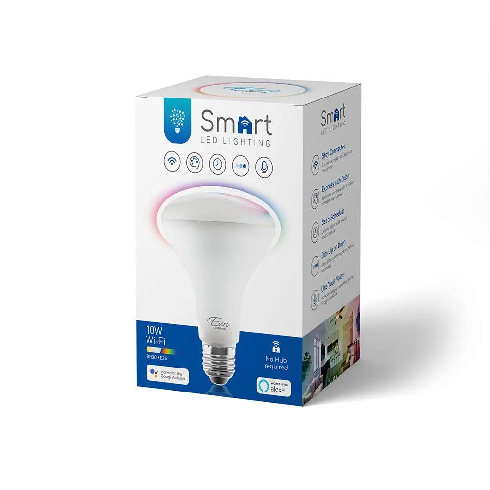 Retail box photo for a BR30 Wi-Fi smart LED bulb, showing the packaging and printed specifications for dimmable control, tunable white (2700K–5000K) plus RGB color, 650-lumen output at 10W, 90+ CRI, medium E26 base, ENERGY STAR rating, and 120V input.