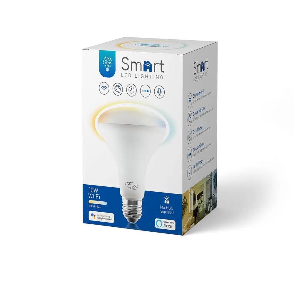 BR30 Smart Bulb in box, close-up. Wi-Fi enabled, color selectable LED light bulb. Control from anywhere with Life in Sync app. Compatible with Alexa and Google Assistant. 10W, 120V, 650 lumens. Dimmable. UL Listed. 2-year warranty. Dimensions: 3.7"D x 5"H. Rated Hours: 15,000.