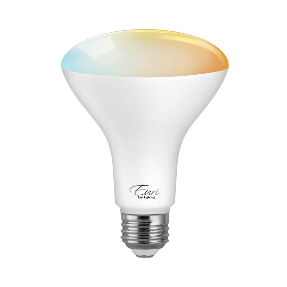 BR30 Smart Bulb: A white light bulb with a yellow center, controlled via Wi-Fi. Dimmable, color selectable (2000K-5000K), and compatible with Alexa and Google Assistant.