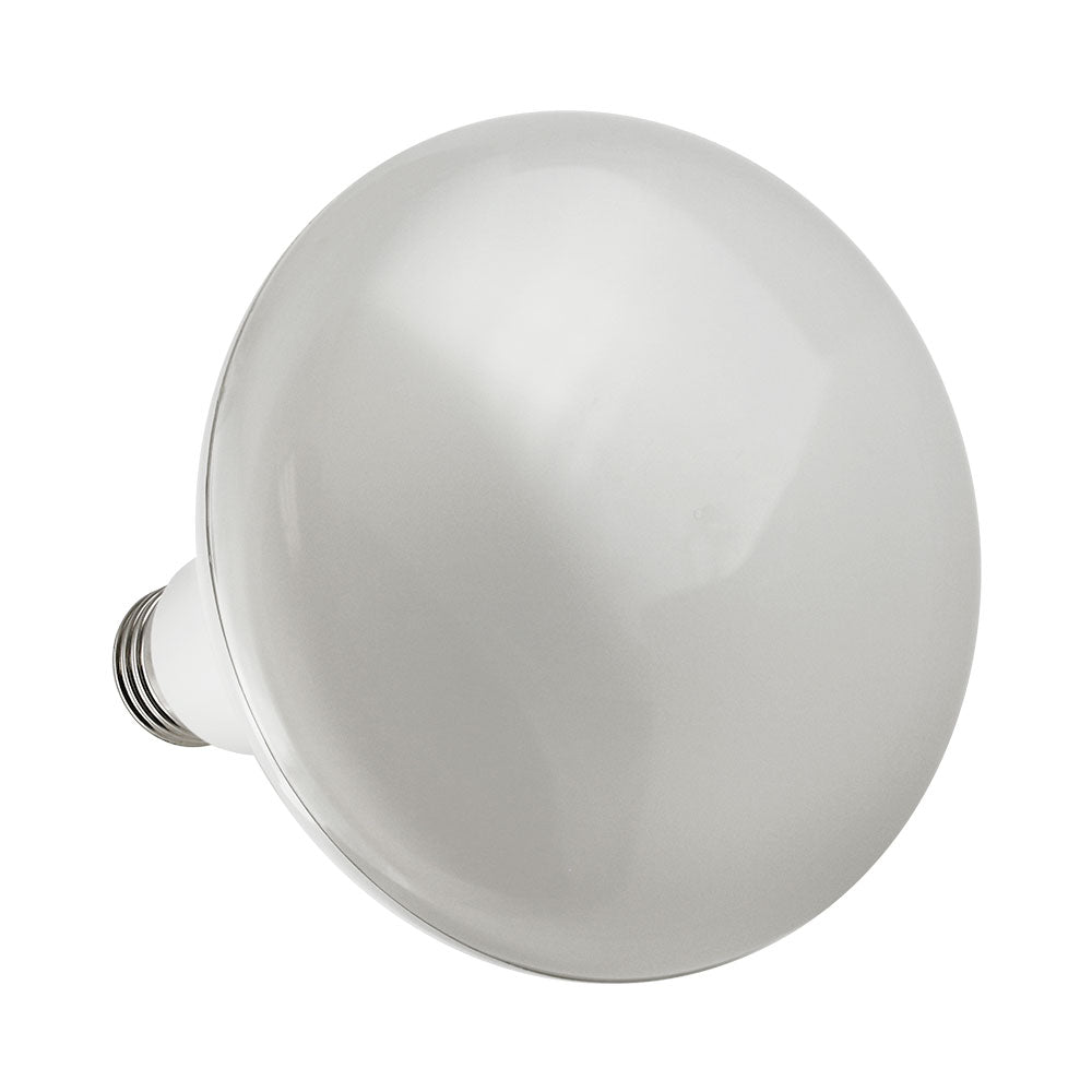 Angled top view of the BR40 LED bulb highlighting the wide reflector profile and front lens; 17W, 1400 lumens, 90+ CRI, dimmable, E26 medium base, Energy Star rated, 120V.
