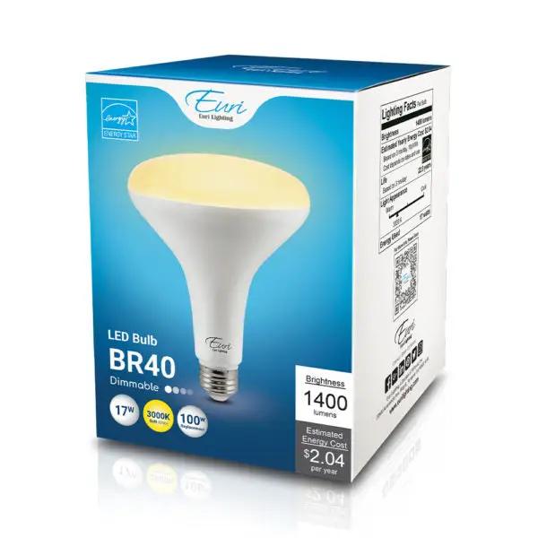 Retail packaging for the 3000K BR40 LED bulb; 17W, 1,400 lumens, 90 CRI, dimmable, medium E26 base, ENERGY STAR rated, 120V.