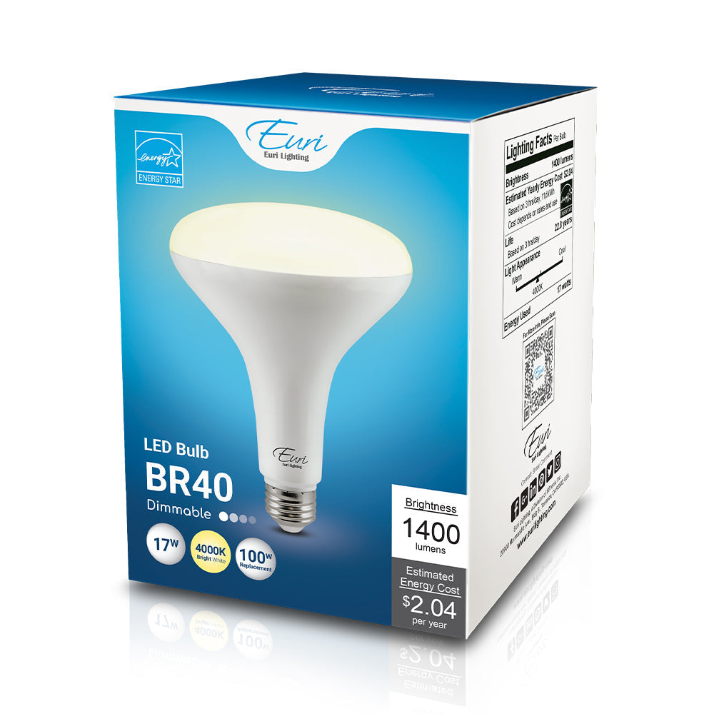 4000K BR40 LED bulb retail packaging with product specs listed; 17W, 1,400 lm, 90 CRI, dimmable, medium E26 base, ENERGY STAR rated, 120V.
