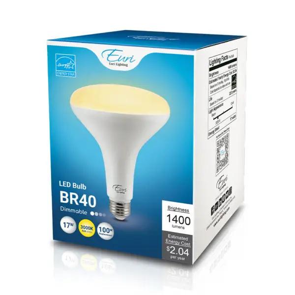 BR40 LED Bulb in a box with a light bulb, delivering 1400 lumens of brightness. Ideal for ambient lighting or general-purpose applications.