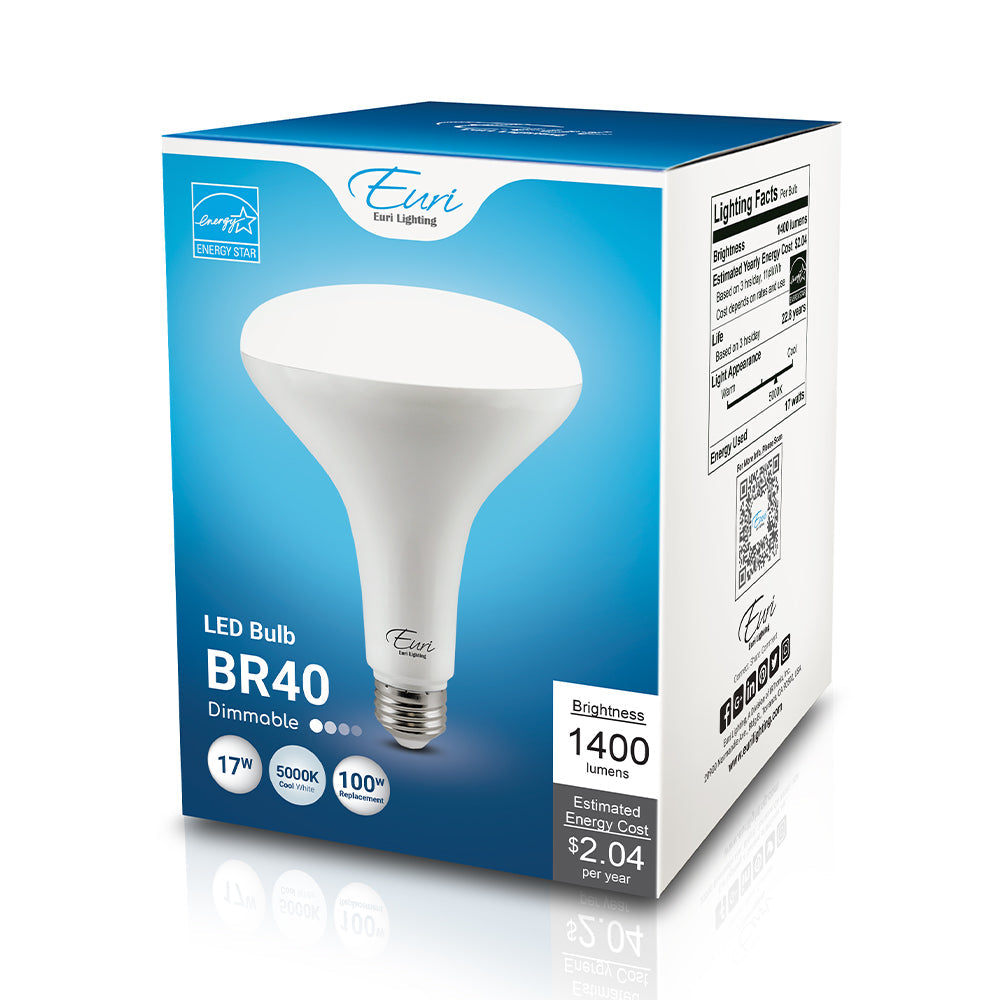 BR40 LED Bulb in box, delivering 1400 lumens of brightness. Energy-saving, long-lasting, and ideal for ambient or general lighting. Replaces 65W incandescent bulbs. Brand: Euri Lighting. Wattage: 17W. Input Voltage: 120V. Base: Medium E26. Certifications: UL Listed, Energy Star Rated. Safety Rating: Damp Location. Dimensions: 4.72"D x 6.25"H. Rated Hours: 25,000. Warranty: 3 Years.