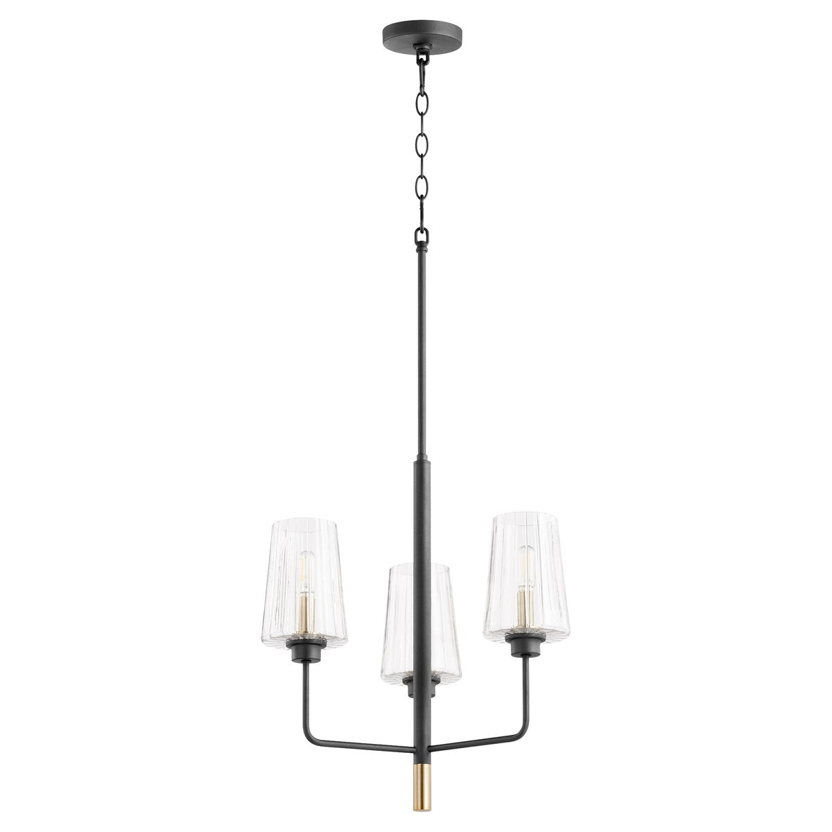 Bathroom chandelier with three clear glass shades, tulip-shaped and fluted. Minimalist-inspired design with aged brass and noir finish. Suitable for bathrooms, outdoor kitchens, and covered patios. Adjustable chain/stem hung suspension system.