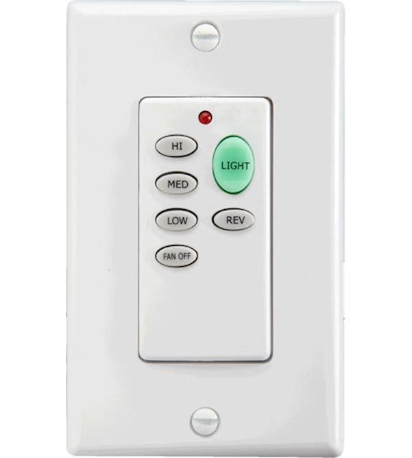 Battery Operated Ceiling Fan Wall Control: A white rectangular object with buttons, including 3 speed controls, forward/reverse control, and dimming capability for downlight kits. Suitable for Quorum International fans.