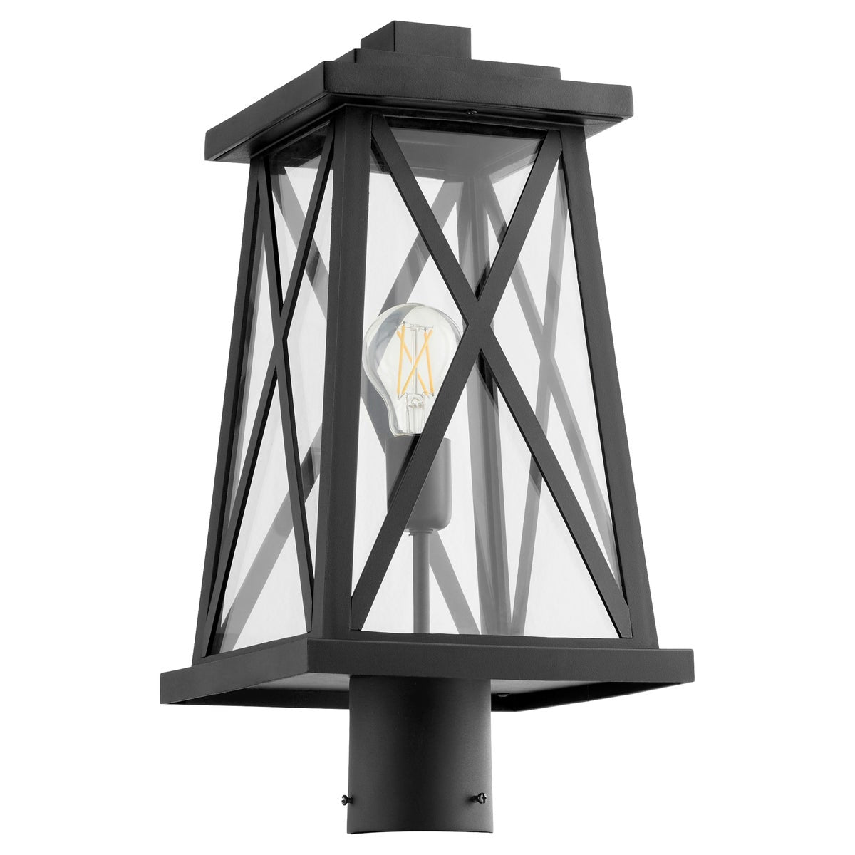 A black outdoor post light with a clear glass shade, featuring a classic X-brace design. The warm glow from the medium E26 bulb creates an elegant ambiance in any outdoor space. Perfect for both commercial and residential applications.