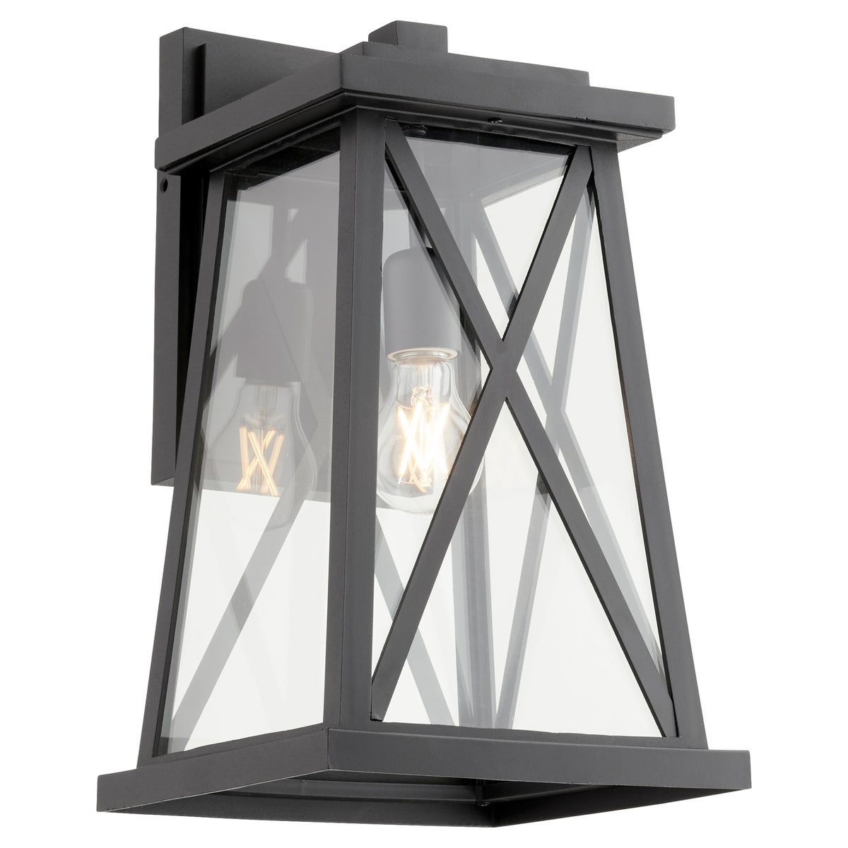 Black Outdoor Wall Light with glass fixture and X-brace design, emitting warm glow. 100W, UL Listed, Wet Location. Dimensions: 9.25"W x 16.25"H x 9.75"E.