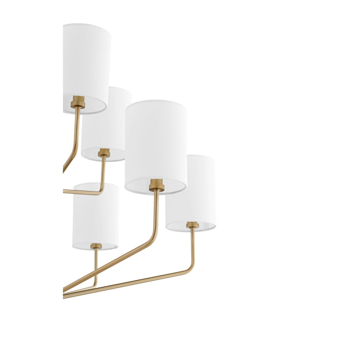 Brass chandelier with rounded angles and bold lines, perfect for indoor kitchens, dining rooms, living rooms, or entry foyers. 9 bulbs, 60W, dimmable. 30"W x 24"H. 2-year warranty.