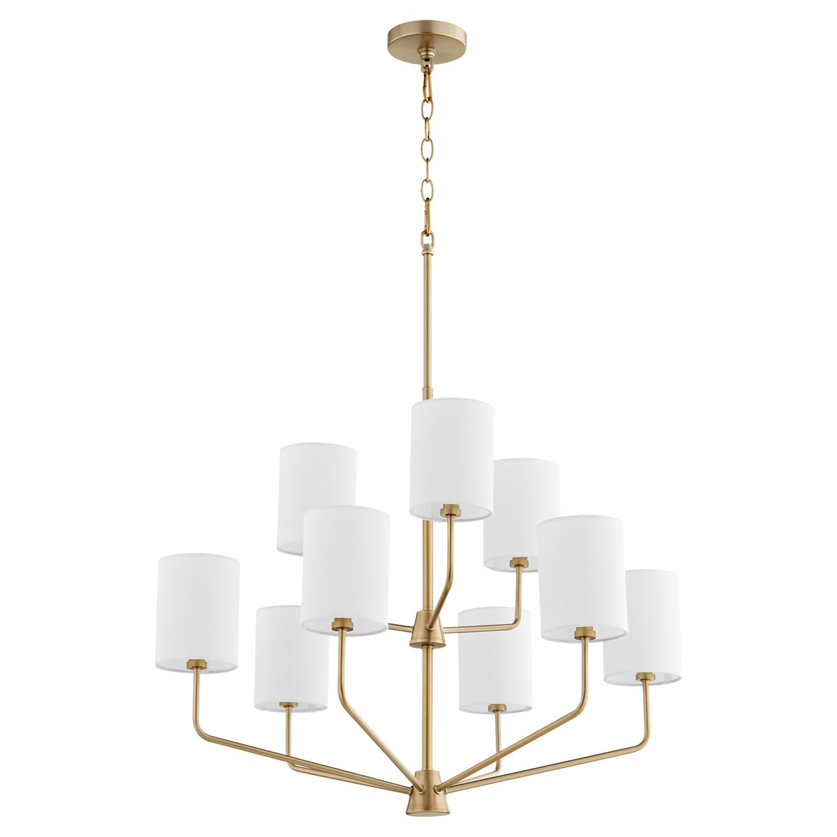 Brass Chandelier with white lampshades, rounded angles, and bold lines. Perfect for kitchens, dining rooms, living rooms, or entry foyers. 9 bulbs, 60W, dimmable. UL Listed, 2-year warranty.