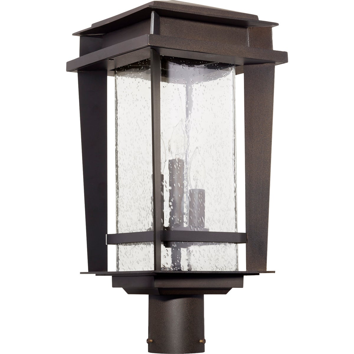 Bronze outdoor post light with a glass shade, adding mid-century modern flair to your home&#39;s exterior. Crafted for damp or wet environments, this durable metal fixture is safe outside.