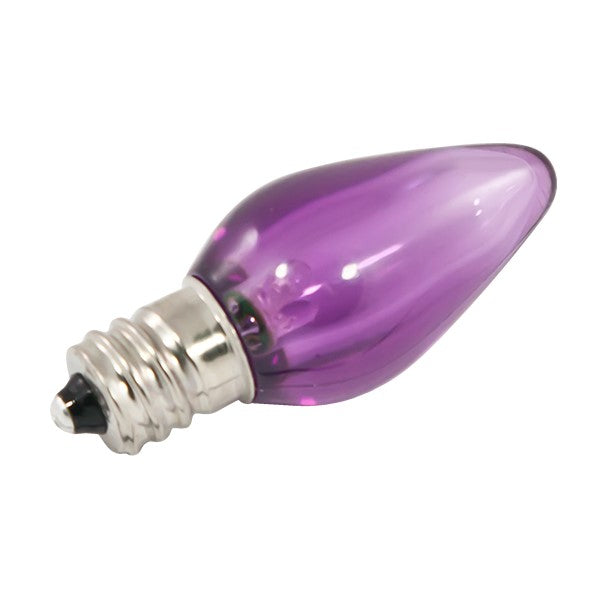 A close-up of the American Lighting C7 LED Bulb, a purple light bulb with a silver base. Provides bright and long-lasting light output, perfect for holiday lights. Ideal for rooftops, fences, and driveways. 0.8 Watts, 120V, 525 Lumens, dimmable, candelabra E12 base. Transparent plastic lens, UL Listed, CSA Listed. Dimensions: 0.8125"D x 2.15625"H, rated for 15,000 hours.