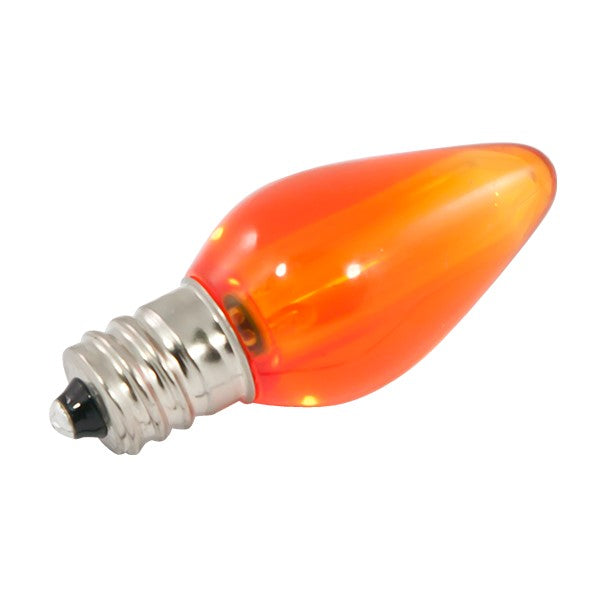 A close-up of the American Lighting C7 LED Bulb, emitting a bright orange light. Perfect for holiday lights, rooftops, fences, or driveways.