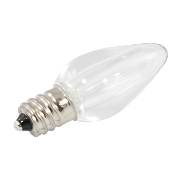 A close-up of a C7 LED bulb, a transparent plastic lens with a candelabra E12 base. Provides bright, long-lasting light output (525 lumens) with excellent durability and efficiency. Perfect replacement for holiday lights, casting a vivid glow across rooftops, fences, or driveways.
