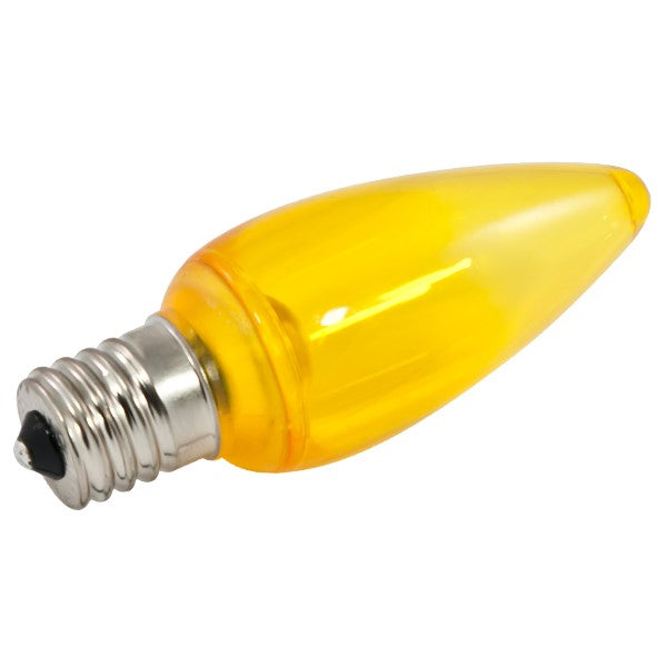 A close-up of a C9 LED bulb with a transparent plastic lens. Provides bright and long-lasting light output. Ideal for holiday lights.