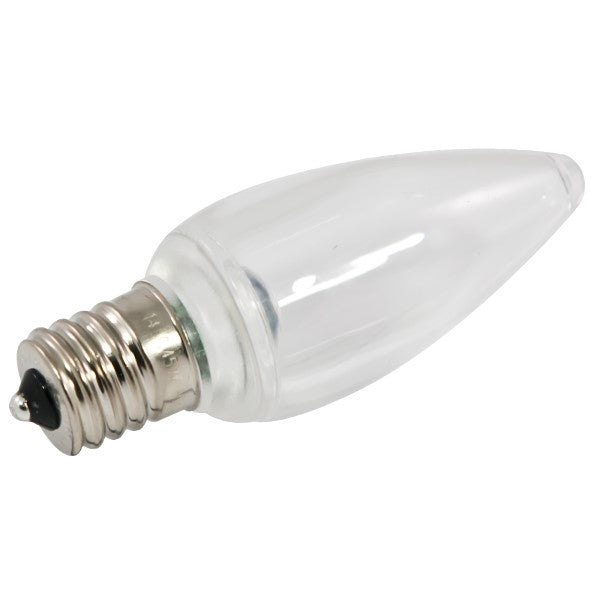 A close-up of the American Lighting C9 LED Bulb, with a clear light bulb and black base. Perfect for holiday lights, it provides bright and long-lasting light output. Dimmable and energy-efficient, it&#39;s a great replacement option.