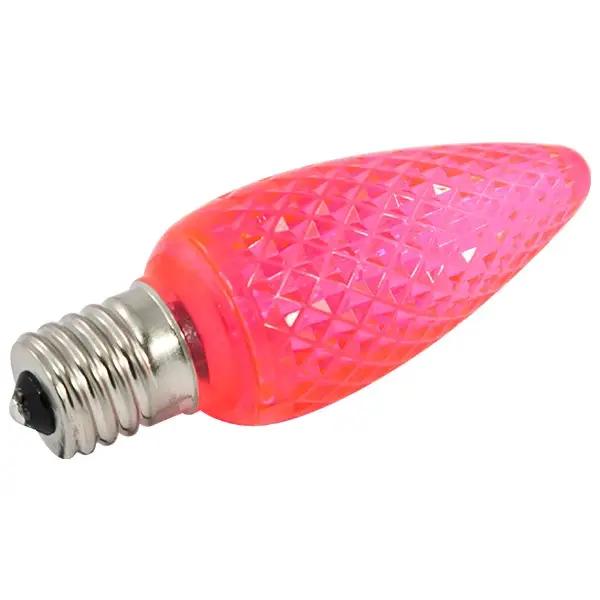 A close-up of the C9 LED replacement bulb, featuring a pink light bulb with a black base. This energy-efficient bulb provides bright and long-lasting light output, making it perfect for holiday lights. Ideal for rooftops, fences, and driveways.