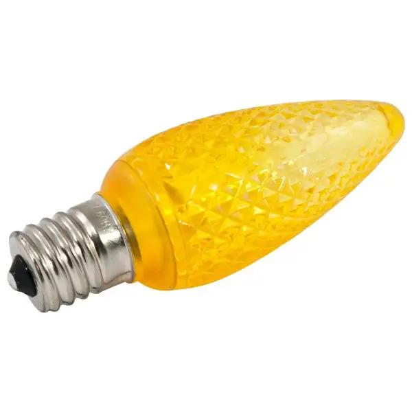 A close-up of the American Lighting C9 LED Replacement Bulb, featuring a yellow light bulb with a black base. Ideal for holiday lights, it provides bright and long-lasting illumination.