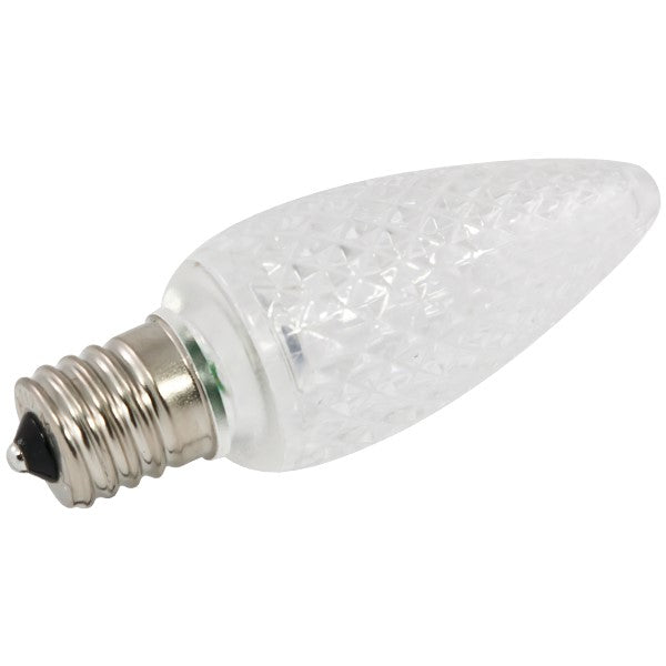 A close-up of the C9 LED Replacement Bulb, emitting a bright and long-lasting light. Perfect for holiday lights, rooftops, fences, and driveways. 0.8 Watts, 120V, dimmable, with a faceted plastic lens. UL Listed, CSA Listed. Dimensions: 1.125"D x 3.125"H. Rated Hours: 15,000.