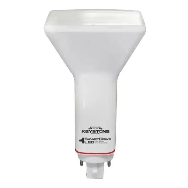 A CFL 4 Pin LED Replacement, featuring a white light bulb with black text, designed to replace outdated 42 Watt CFL lamps. Compatible with most existing CFL ballasts, it delivers 1050 lumens of light output, providing over 50% in energy-savings. Lasts 5X longer than traditional CFLs. Brand: Keystone Technologies.