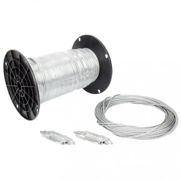 Cable spool with silver wire and cables for outdoor string lights, ideal for commercial grade and festoon light strings.