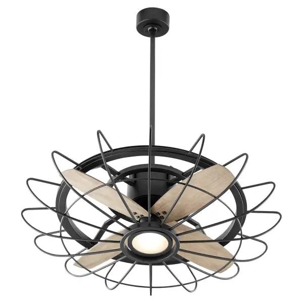 Caged Ceiling Fan with Light, vintage industrial style, compact form, 4 blades, Noir finish, LED lamp included, ideal for lowered ceilings.