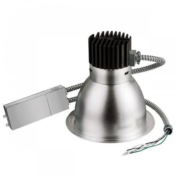 A silver light fixture with adjustable lumen output and dimming capabilities. Perfect for drop ceiling installations.