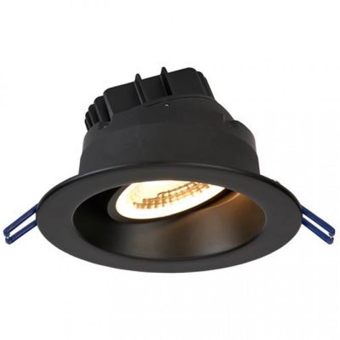 A white canless gimbal LED recessed light fixture with blue handles and a black trim, providing 430 lumens of light output. Perfect for ceilings with a pitch, highlighting artwork, or as decorative recessed lighting.