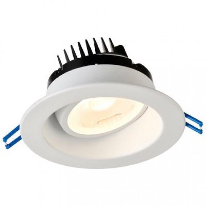 A white canless gimbal LED recessed light fixture with blue handles and a black trim, providing 430 lumens of light output. Perfect for ceilings with a pitch, highlighting artwork, or as decorative recessed lighting.