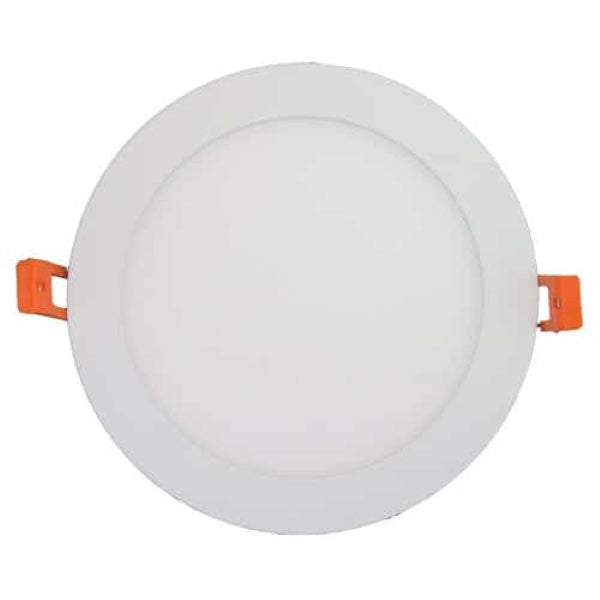 A white round light fixture with orange handles, perfect for drop ceilings. Canless recessed lighting by TCP, 14W, 1130 lumens, dimmable, 3000K-5000K color temperature. Energy-efficient and easy to install. 5-year warranty.