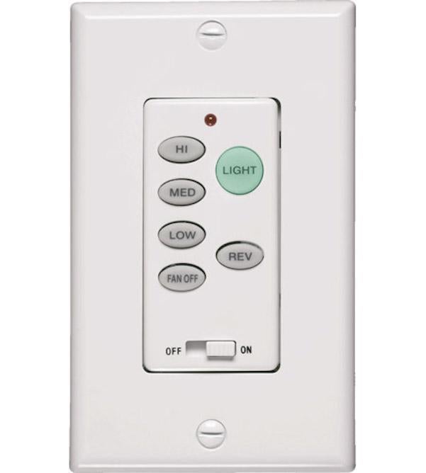 Ceiling Fan Wall Control with buttons for speed, direction, and light. Compatible with Quorum International fans. Suitable for forward/reverse functionality and dimming downlight kits.