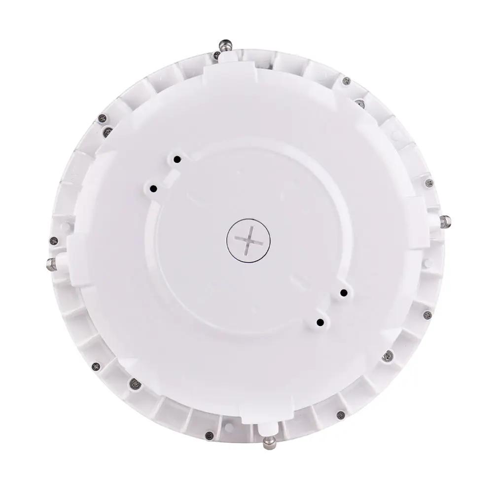 Ceiling Light Canopy: A white circular object with screws, providing 6785-7700 lumens of CCT tunable white light. Weatherproof (IP65) and UL safety certified. Ideal for replacing metal halide or fluorescent fixtures.